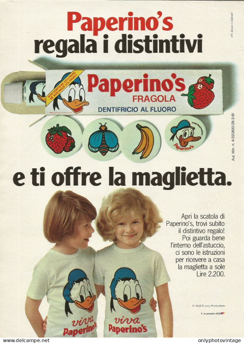 Dentifricio Paperino's Alla Fragola, Pubblicità Vintage 1981, 20 X 28 Cm. - Werbung