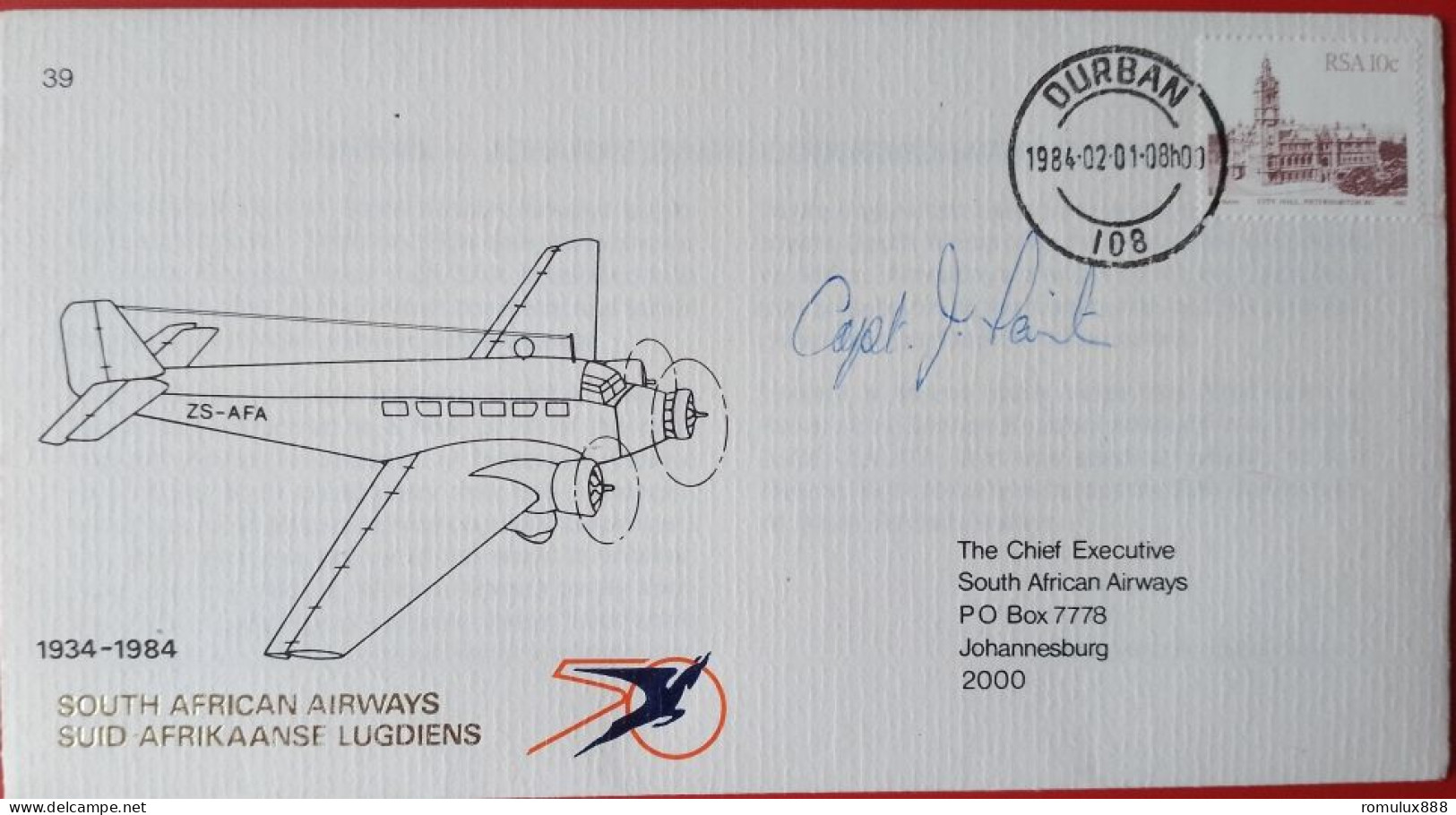 SA AIRWAYS (SAA) 1984 FLIGHT COVER #39 50 YEARS SAA SIGNED CAPTAIN JOHN TAINTON - Briefe U. Dokumente