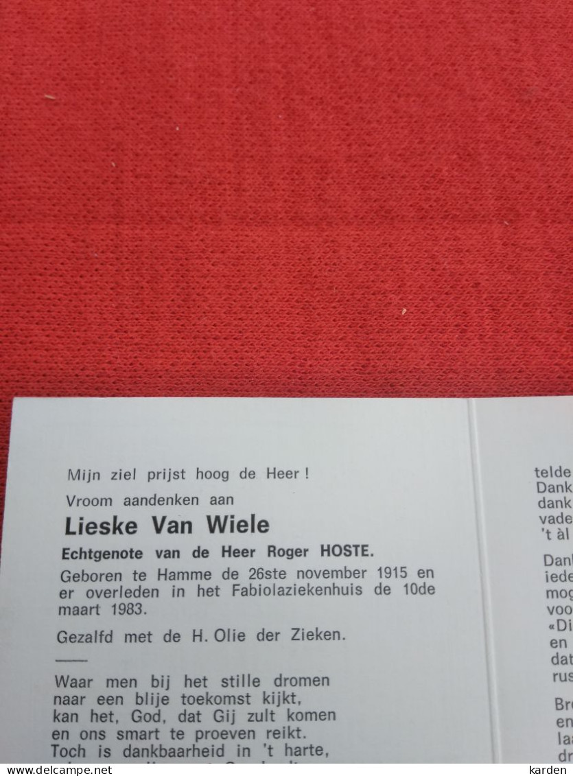 Doodsprentje Lieske Van Wiele / Hamme 26/11/1915 - 10/3/1983 ( Roger Hoste ) - Religione & Esoterismo