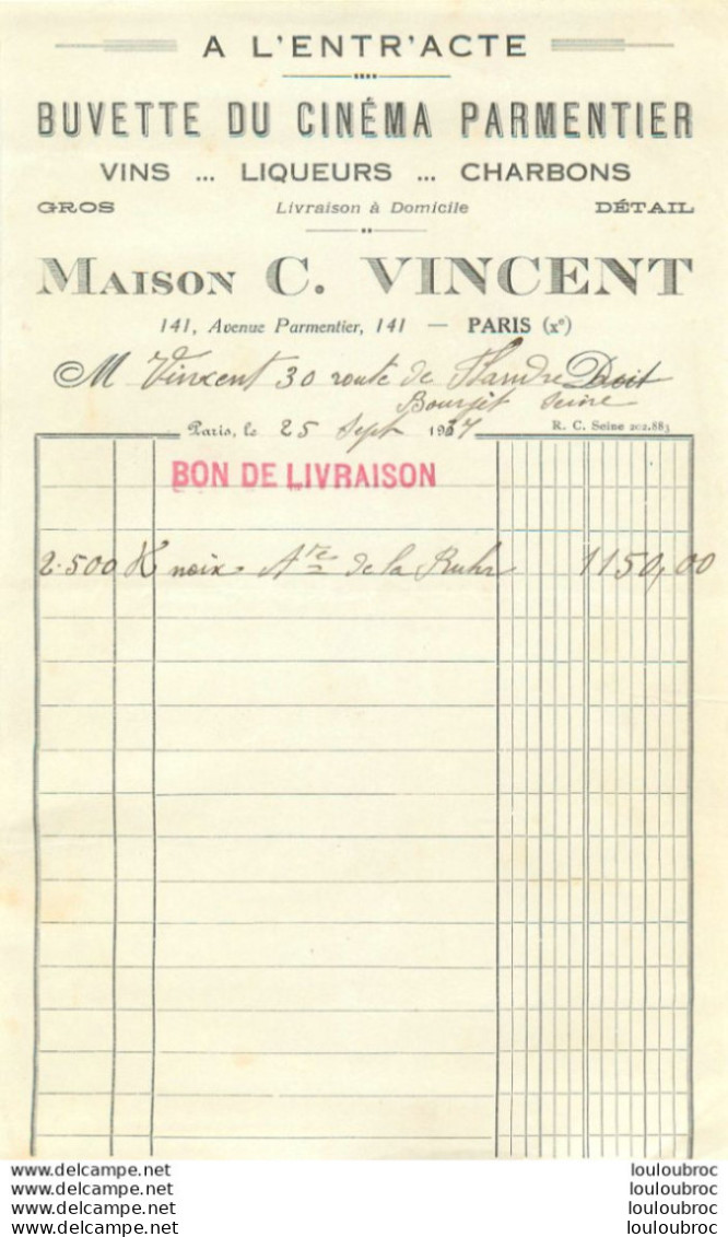 PARIS A L'ENTRACTE 1937 BUVETTE DU CINEMA PARMENTIER MAISON C. VINCENT - 1900 – 1949
