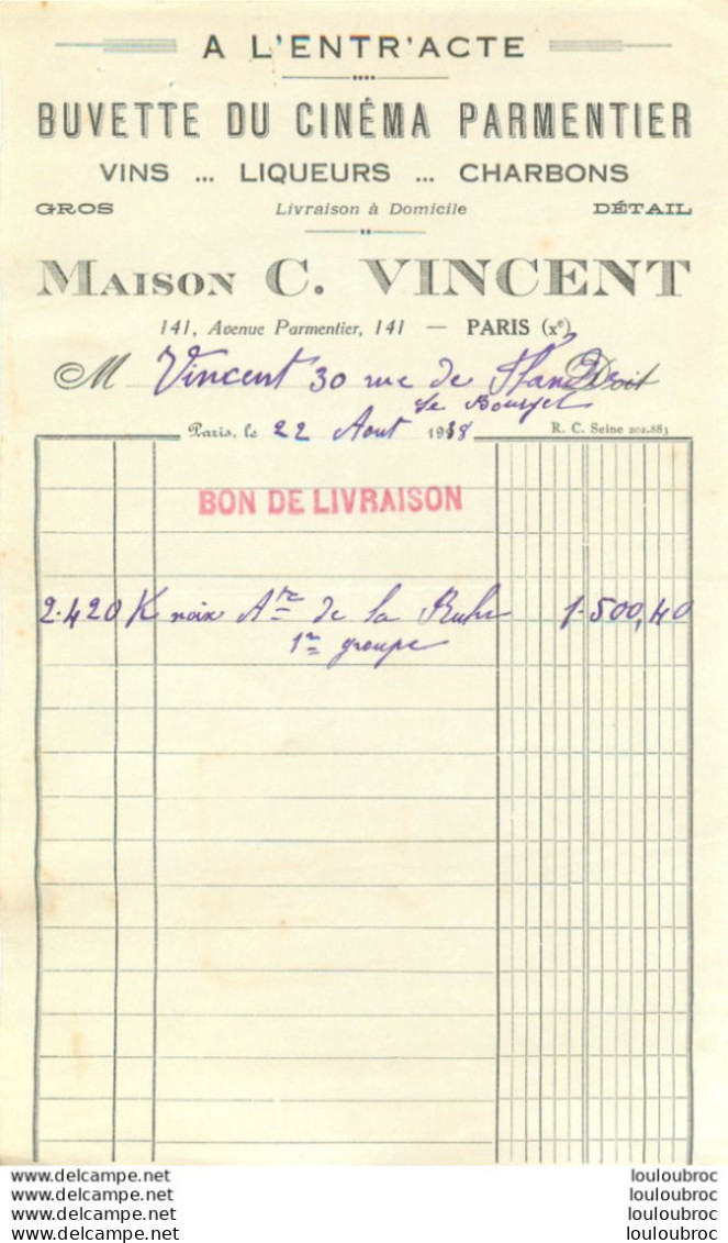 PARIS A L'ENTRACTE 1938 BUVETTE DU CINEMA PARMENTIER MAISON C. VINCENT - 1900 – 1949