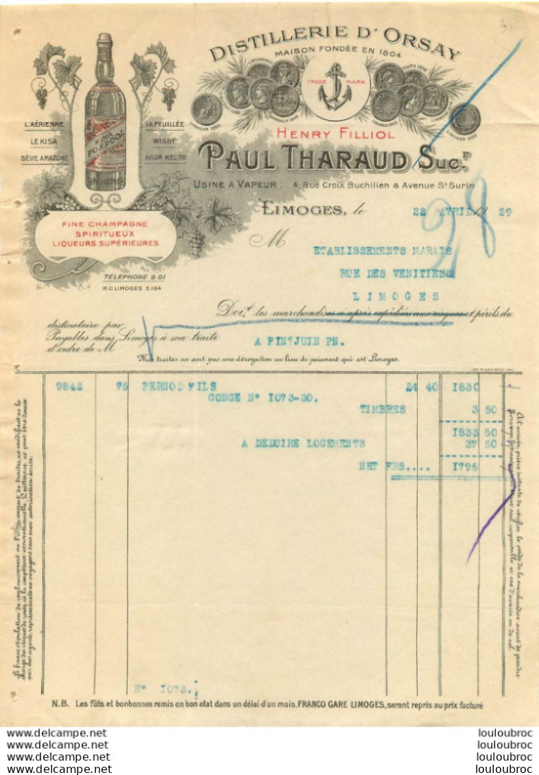 LIMOGES 1929 DISTILLERIE D'ORSAY PAUL THARAUD - 1900 – 1949