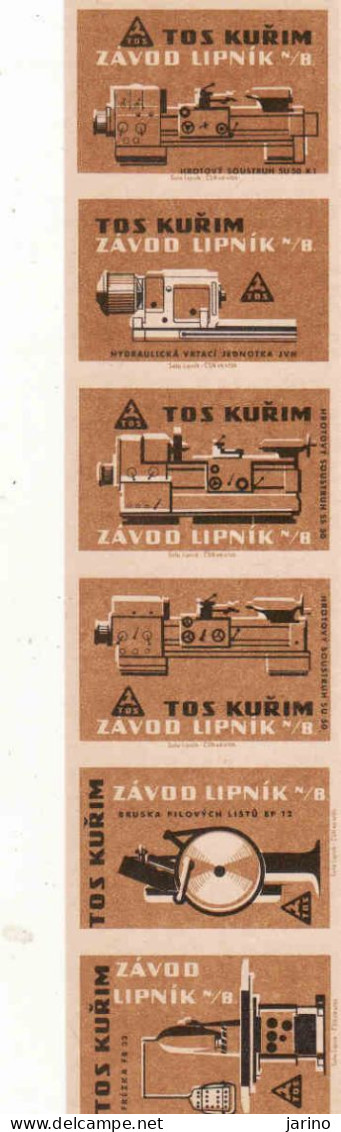 Czech Republic,6 X Matchbox Labels, TOS Kuřim - Závod Lipník N. B., The Machine Shop, Lathes Grinders Cutters - Luciferdozen - Etiketten