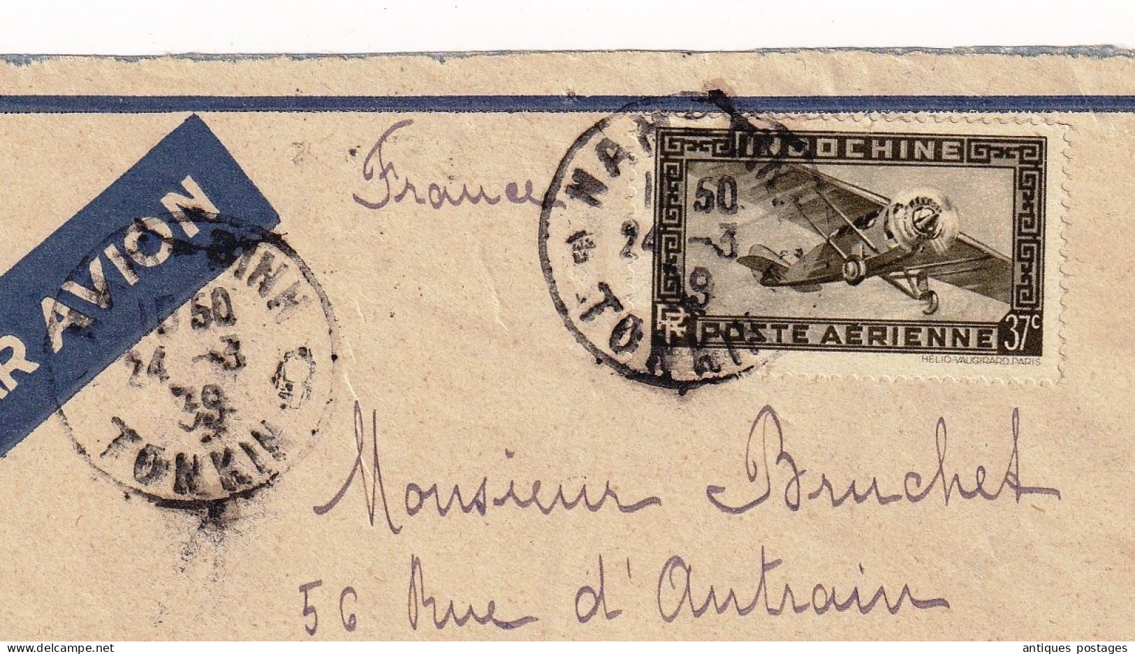 Lettre 1939 Nam Dinh Tonkin Indochine Poste Aérienne Rennes Ille Et Vilaine - Luftpost