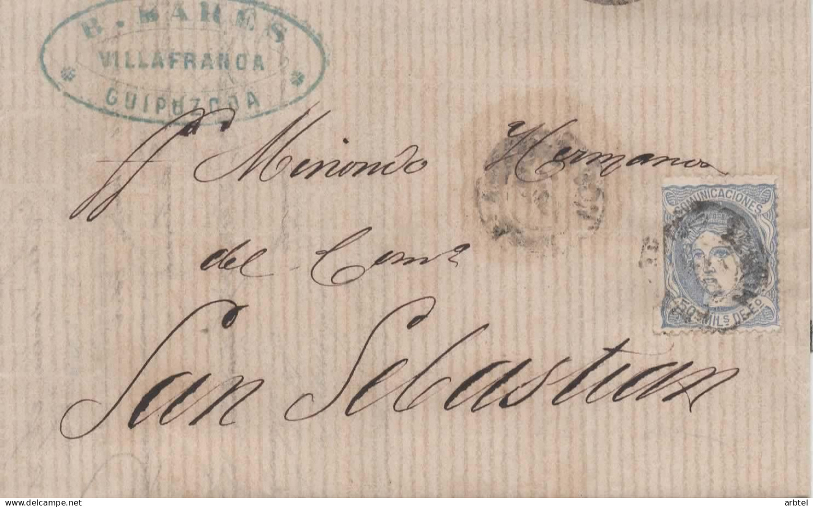 VILLAFRANCA A SAN SEBASTIAN 1871 - Storia Postale