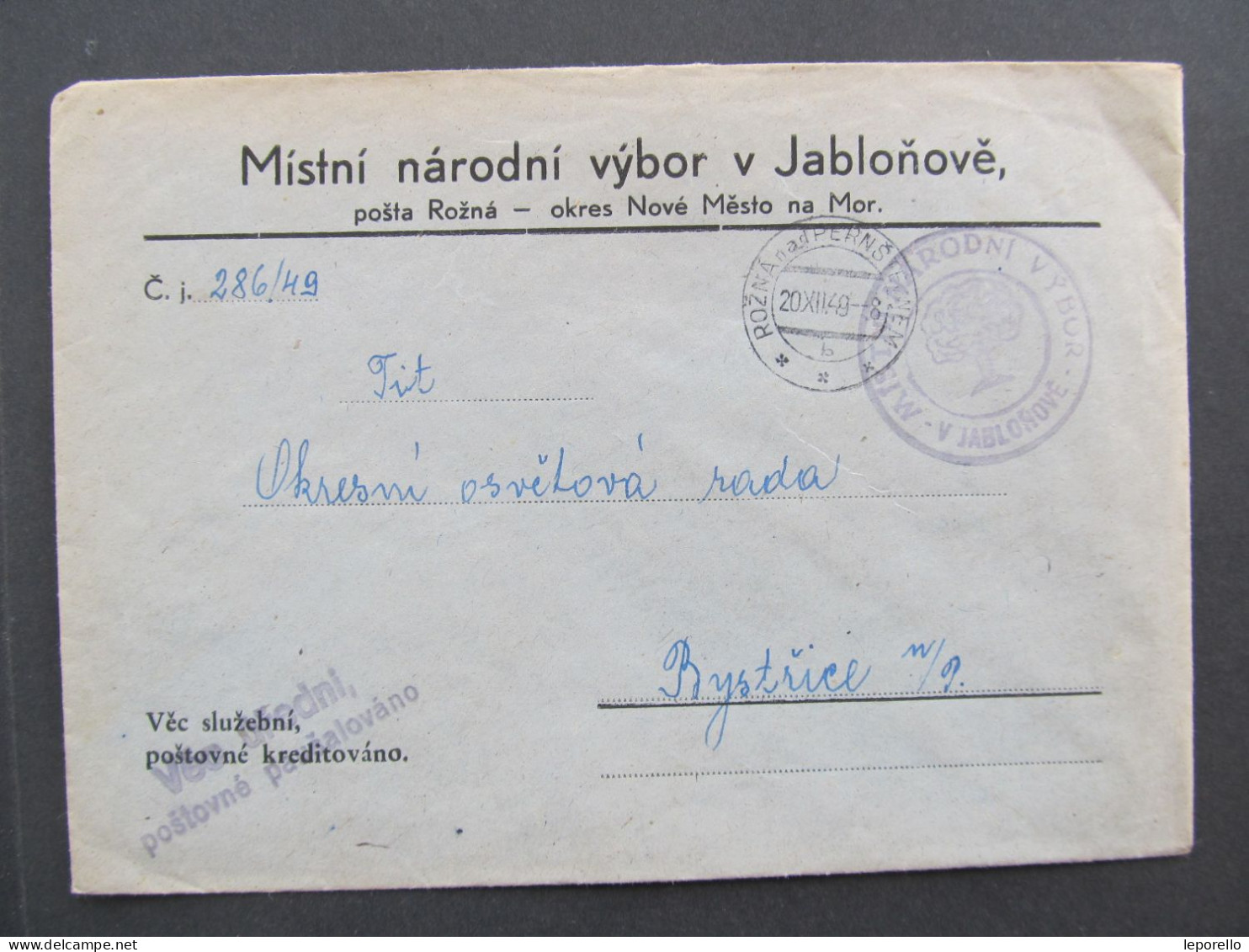 BRIEF Jabloňov Rožná - Bystřice Nad Pernštejnem 1949 // Aa0192 - Briefe U. Dokumente