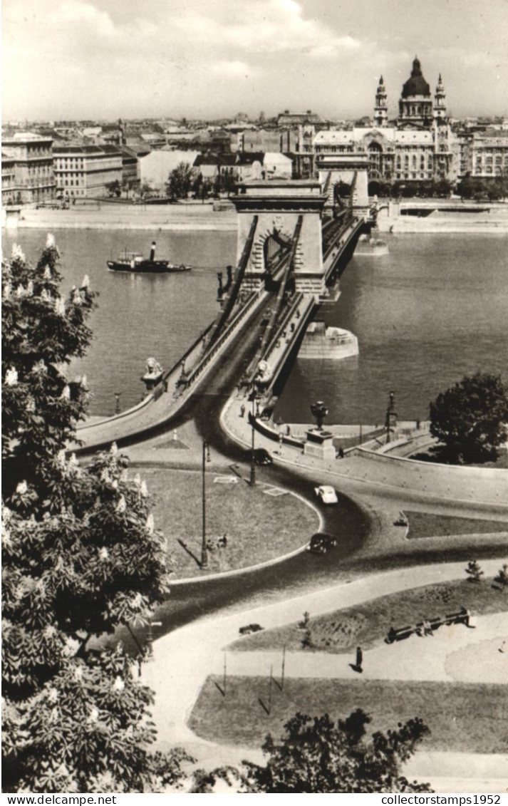 BUDAPEST, CHAIN BRIDGE, ARCHITECTURE, SHIP, PARK, CARS, HUNGARY, POSTCARD - Hongarije