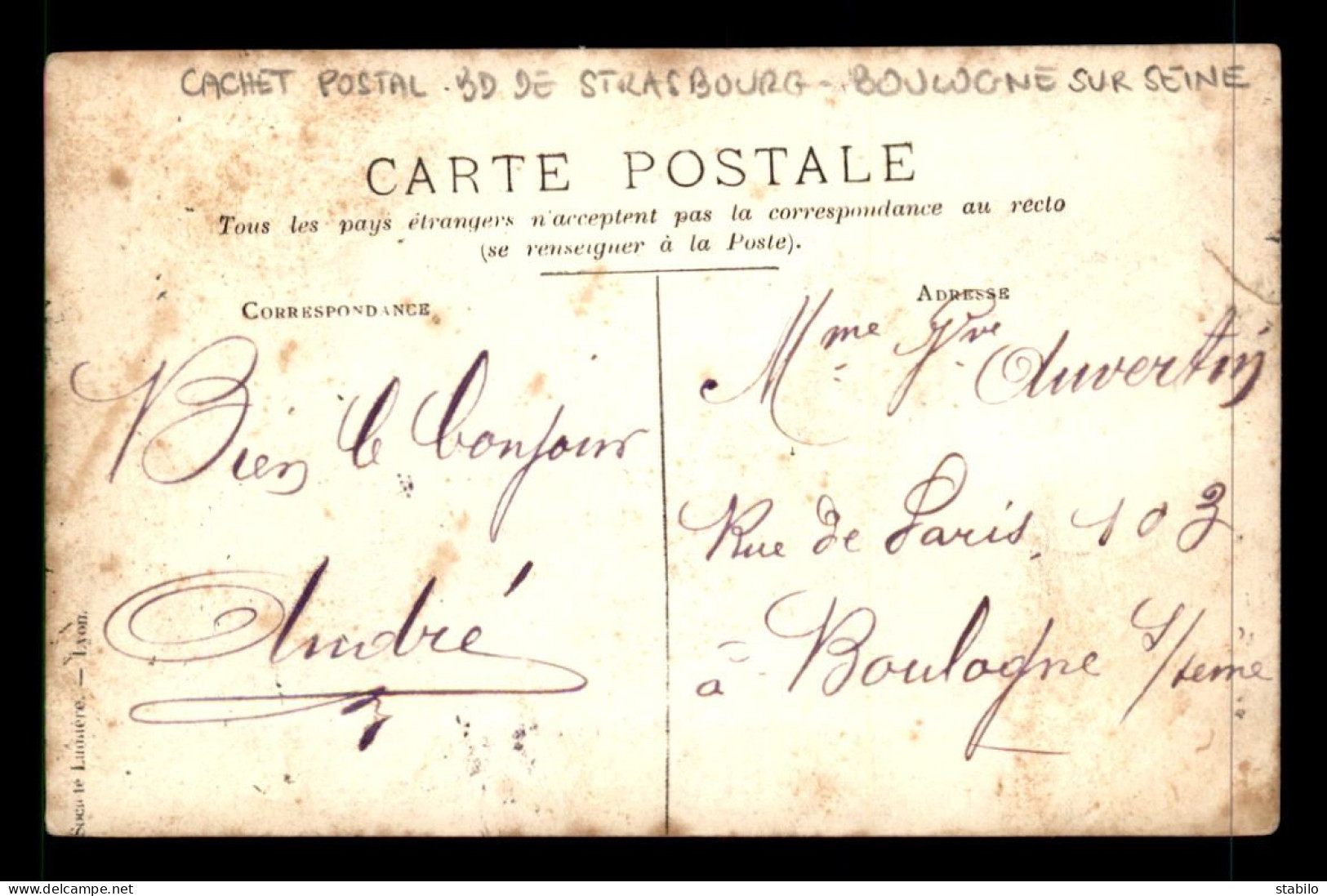 92 - BOULOGNE - ? - CAFE DE L'ORME, CACHET POSTAL BLD DE STRASBOURG, BOULOGNE/SEINE - CARTE PHOTO ORIGINALE - VOIR ETAT - Boulogne Billancourt