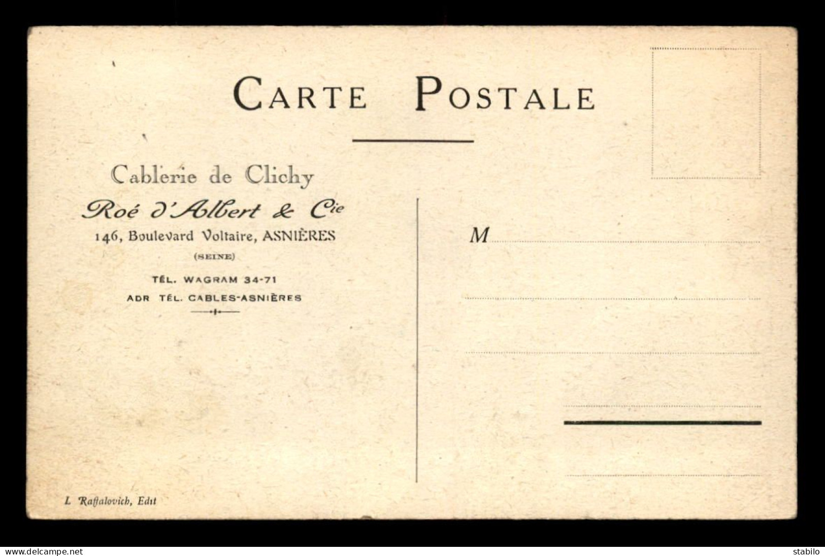 92 - ASNIERES - CABLERIE DE CLICHY, ROE D'ALBERT & CIE, 146 BLD VOLTAIRE - CARTE ILLUSTREE - Asnieres Sur Seine