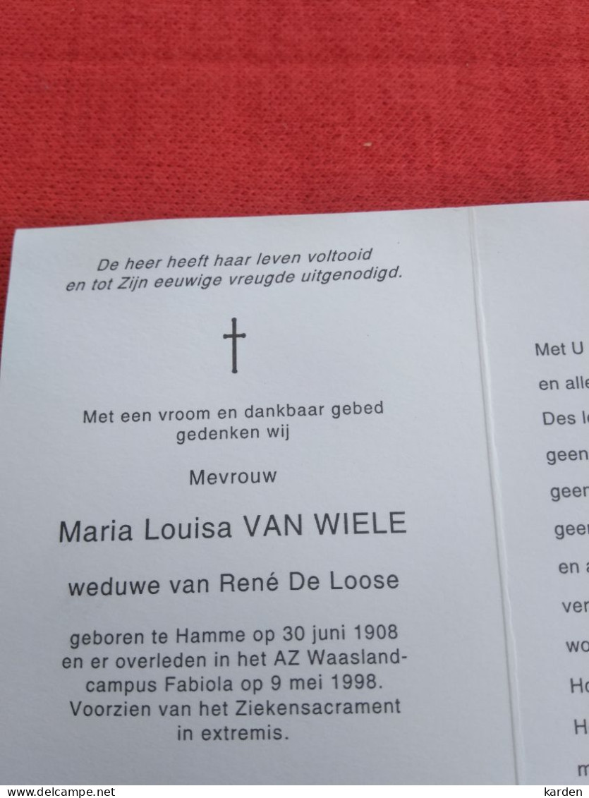 Doodsprentje Maria Louise Van Wiele / Hamme 30/6/1908 - 9/5/1998 ( René De Loose ) - Religion & Esotericism