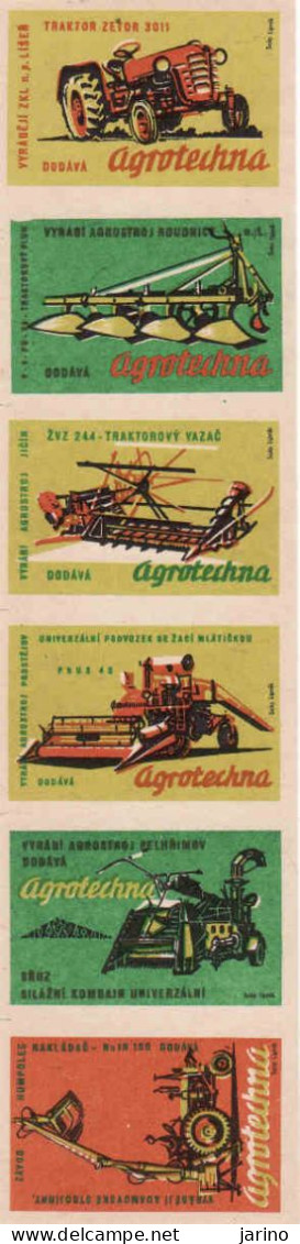 Czech Republic, 6 X Matchbox Labels, Agrotechna - Tractor, Harvester, Loader, Binder, Thresher - Zündholzschachteletiketten