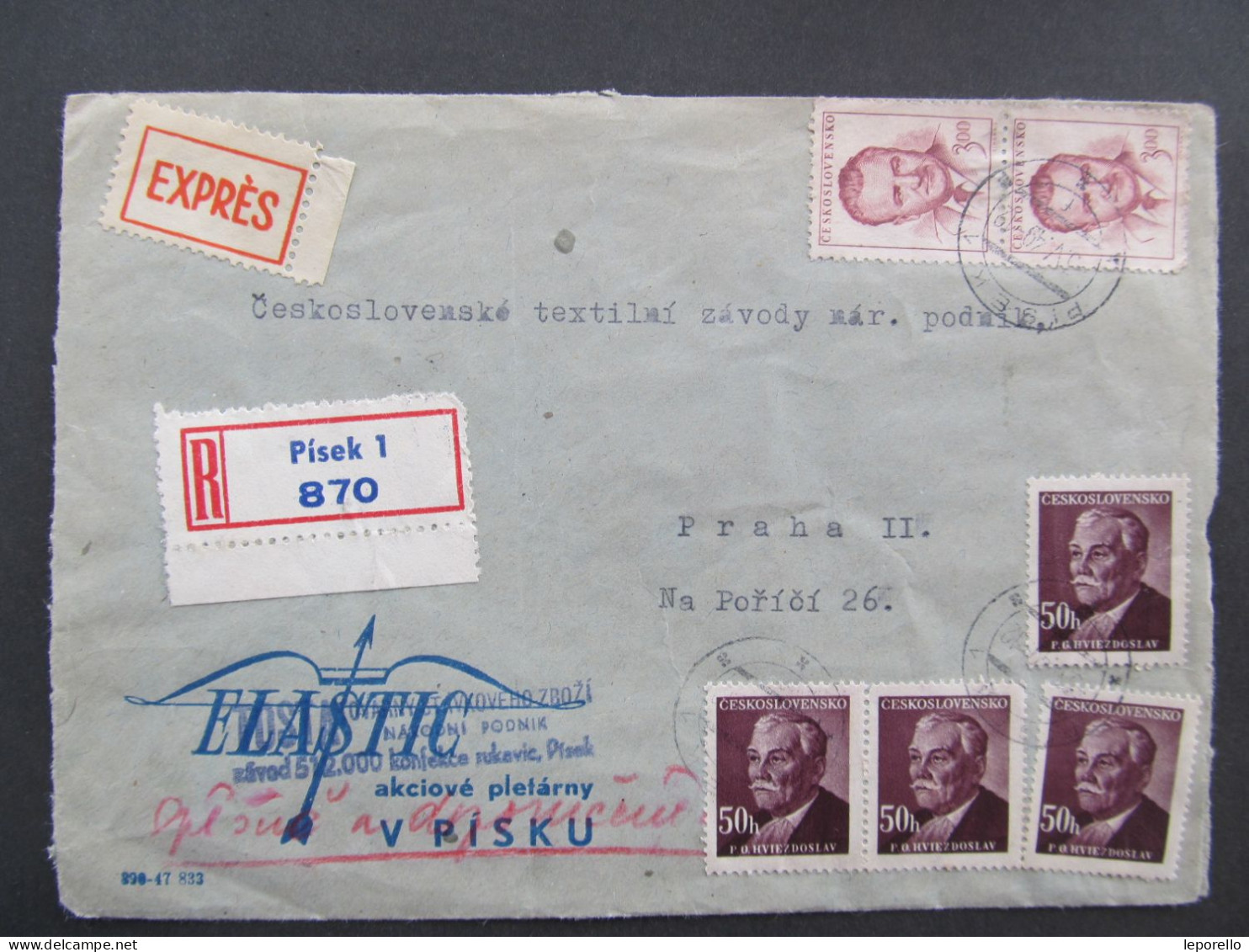 BRIEF Písek - Praha R, Ex Elastic Pletárny 1949 / Aa0206 - Lettres & Documents