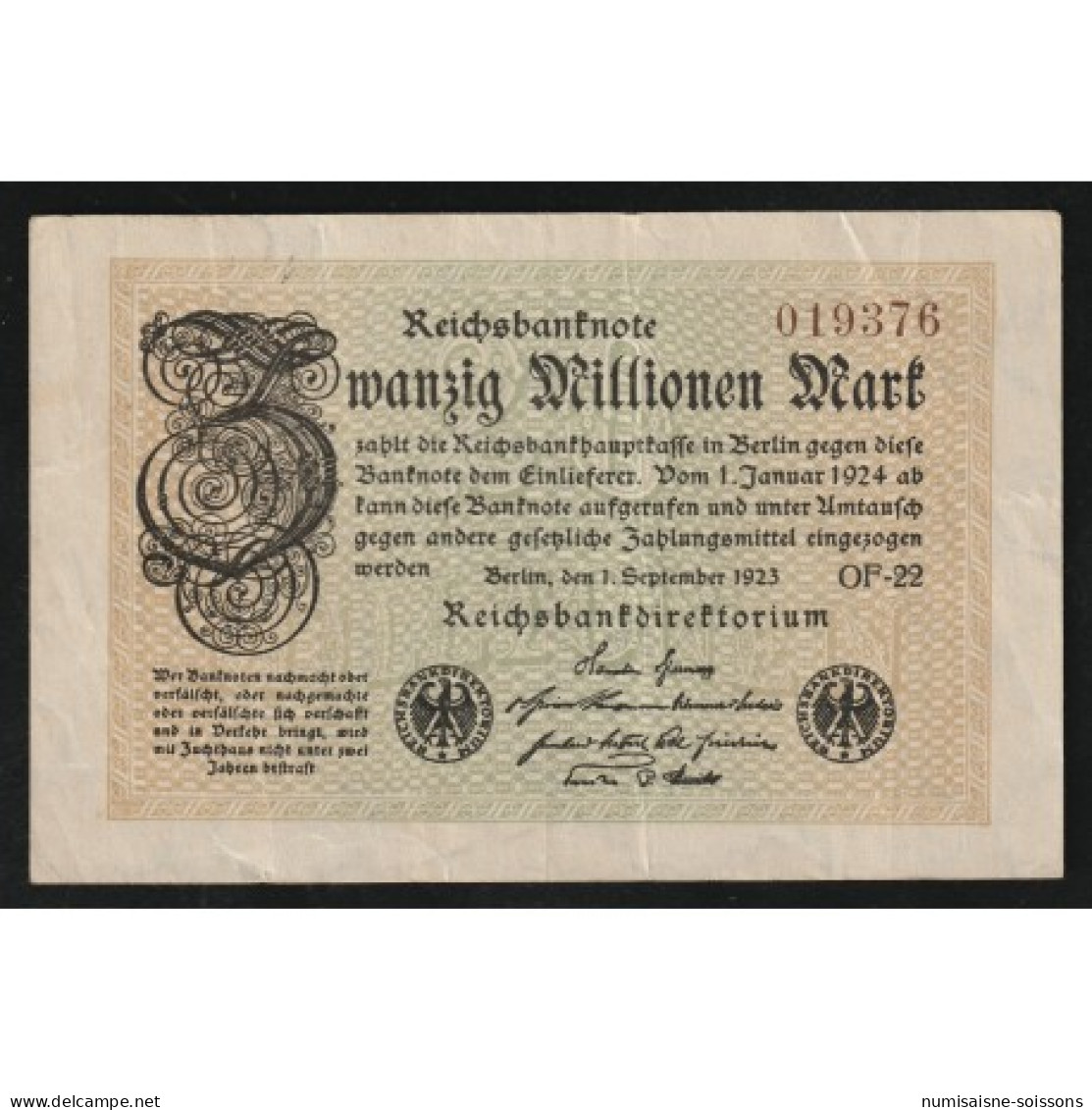 ALLEMAGNE - PICK 108 D - 20 MILLIONEN MARK - 01/09/1923 - TTB - 1 Miljoen Mark