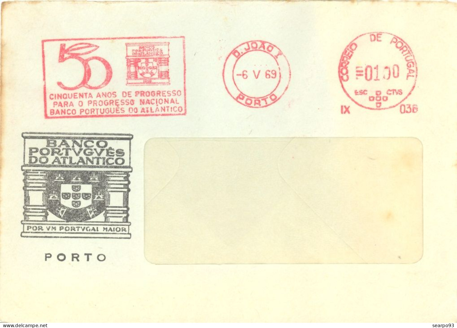 PORTUGAL. METER SLOGAN. 50th ANNIV. BANCO PORTUGUES DO ATLANTICO. BANK. PORTO. 1969 - Postmark Collection