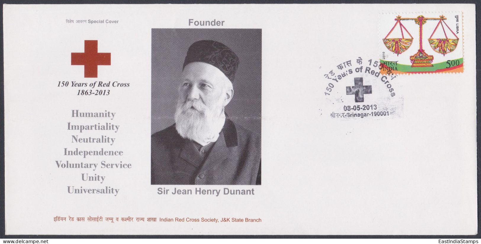 Inde India 2013 Special Cover Sir Jean Henry Dunant, Henri, Red Cross, Doctor, Medicine, Medical, Pictorial Postmark - Covers & Documents