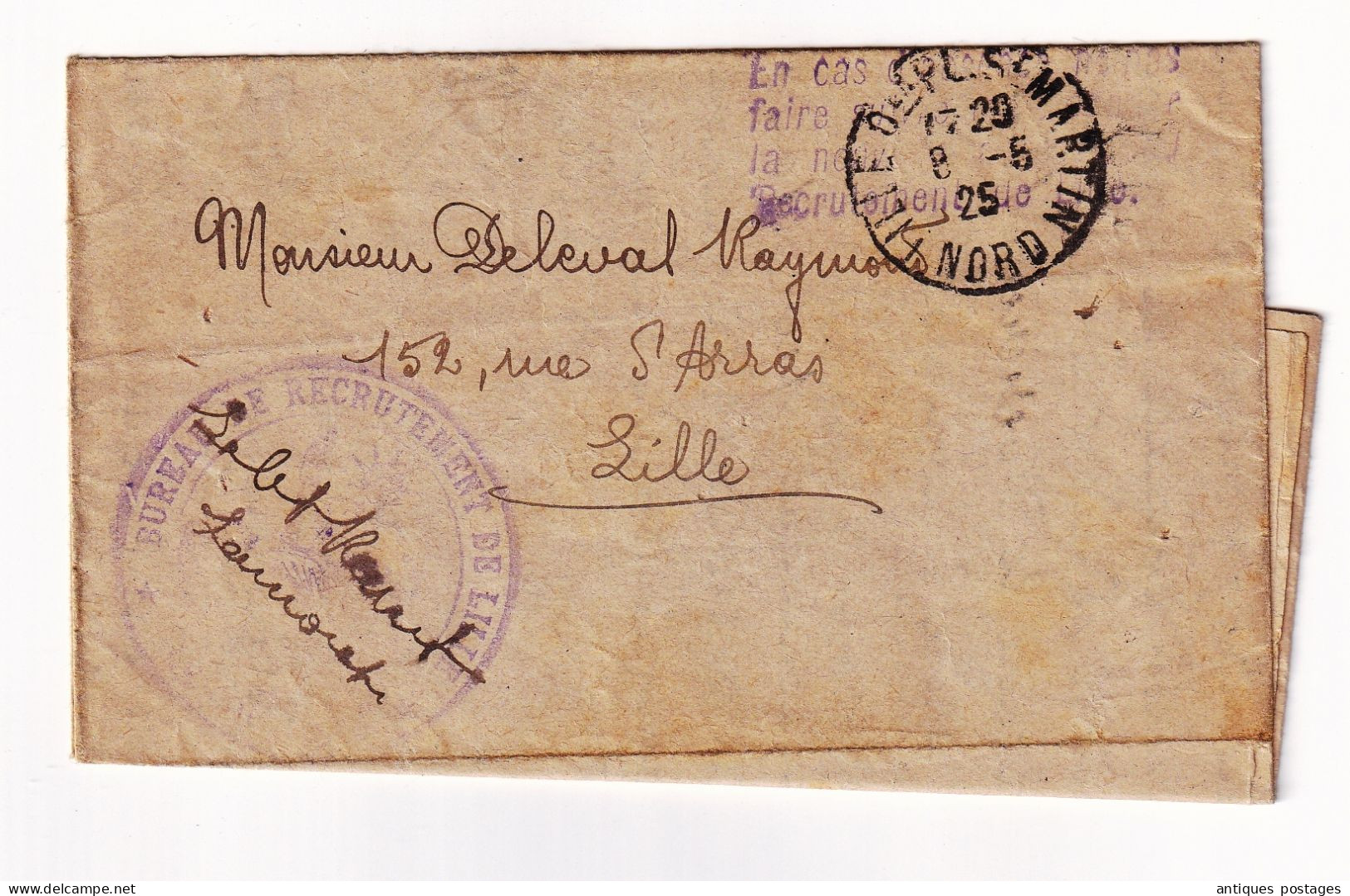 Service Militaire 1925 Bureau De Recrutement De Lille Nord Deleval Raymond Commission Spéciale De Réforme - Military Postmarks From 1900 (out Of Wars Periods)