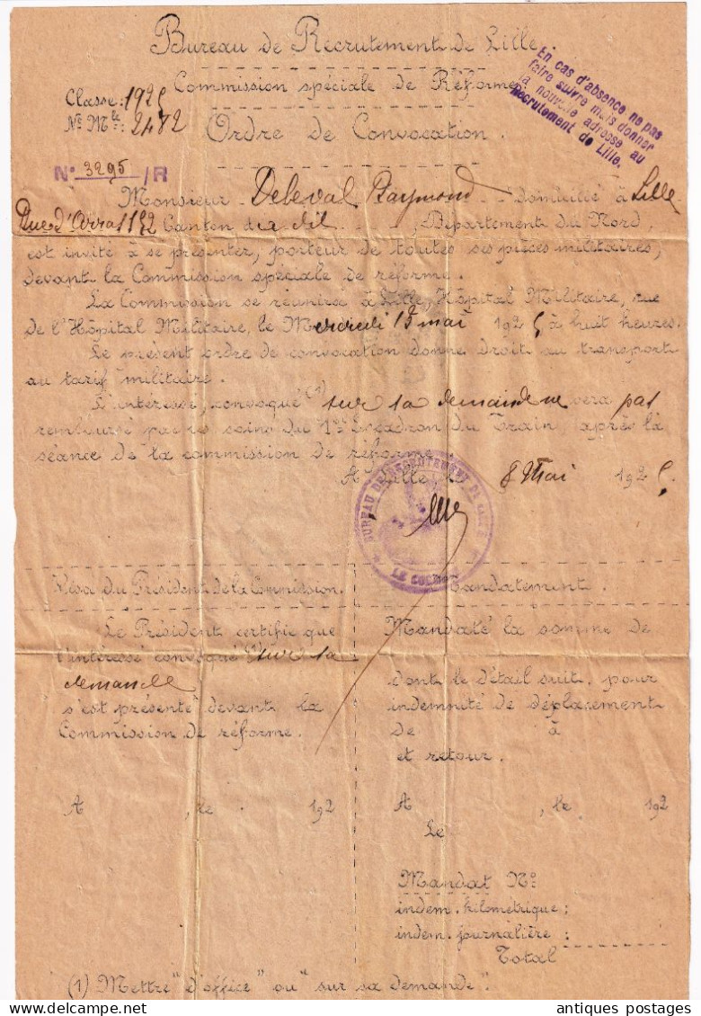 Service Militaire 1925 Bureau De Recrutement De Lille Nord Deleval Raymond Commission Spéciale De Réforme - Military Postmarks From 1900 (out Of Wars Periods)