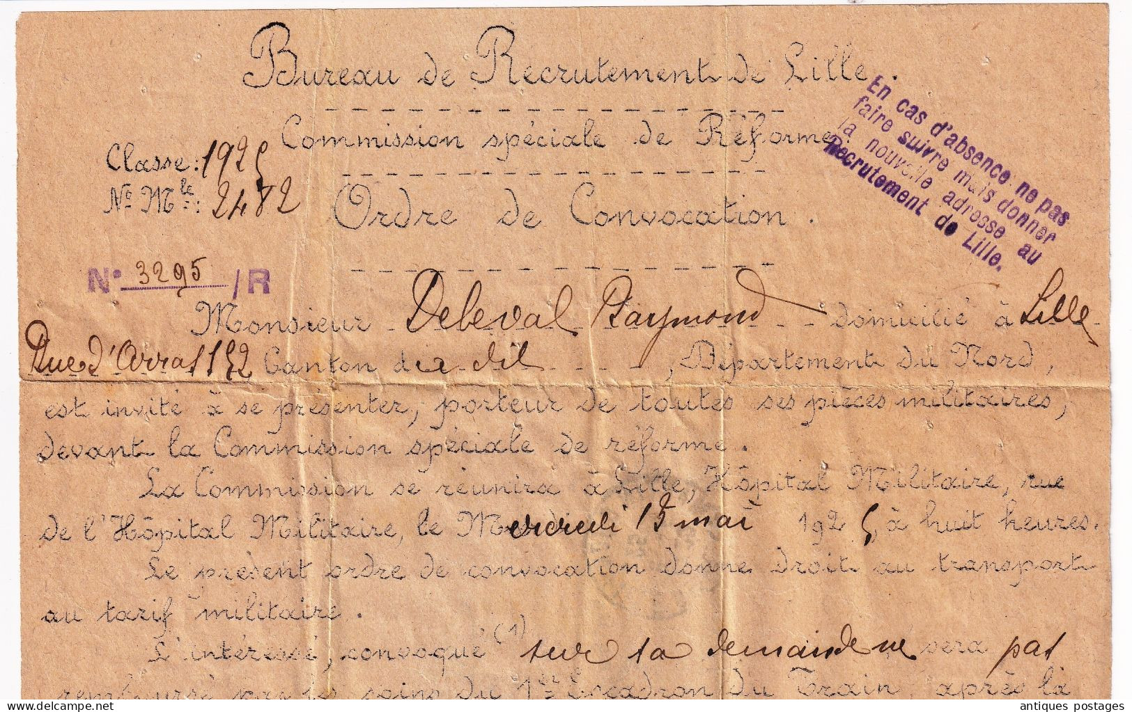 Service Militaire 1925 Bureau de Recrutement de Lille Nord Deleval Raymond Commission Spéciale de Réforme