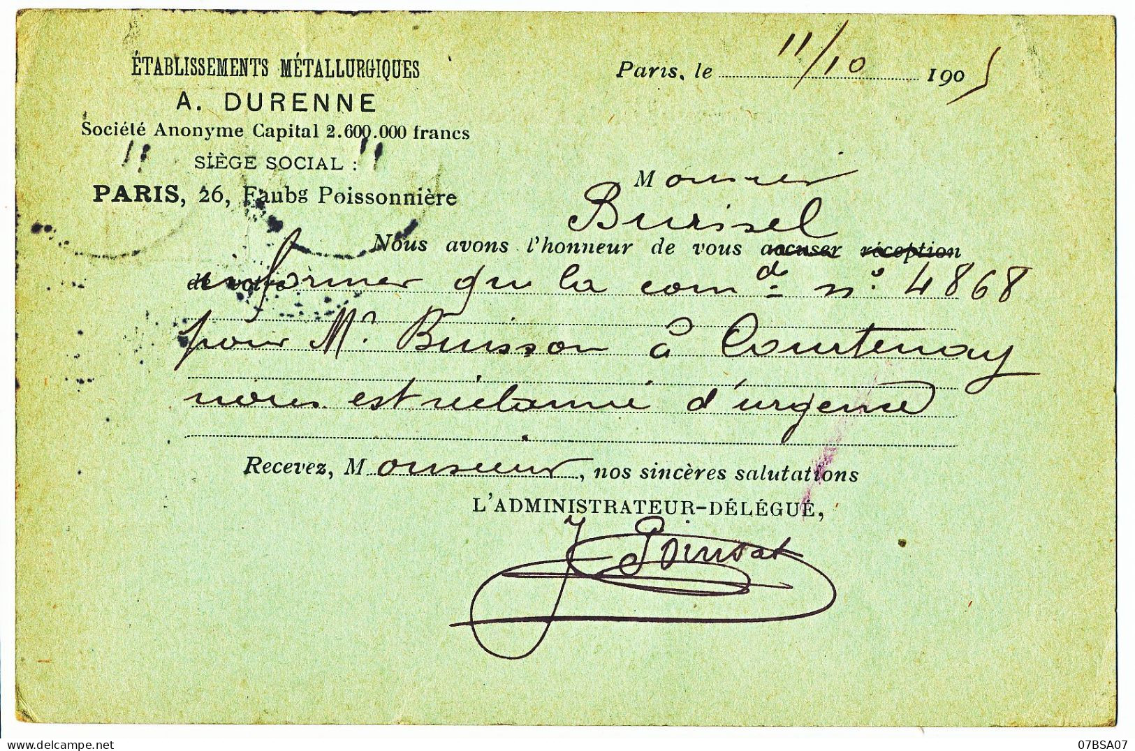 PARIS CP ENTIER POSTAL 10C SEMEUSE LIGNEE REPIQUE 1905 REPIQUAGE ET. METALLURGIQUES A. DURENNE - 1903-60 Sower - Ligned