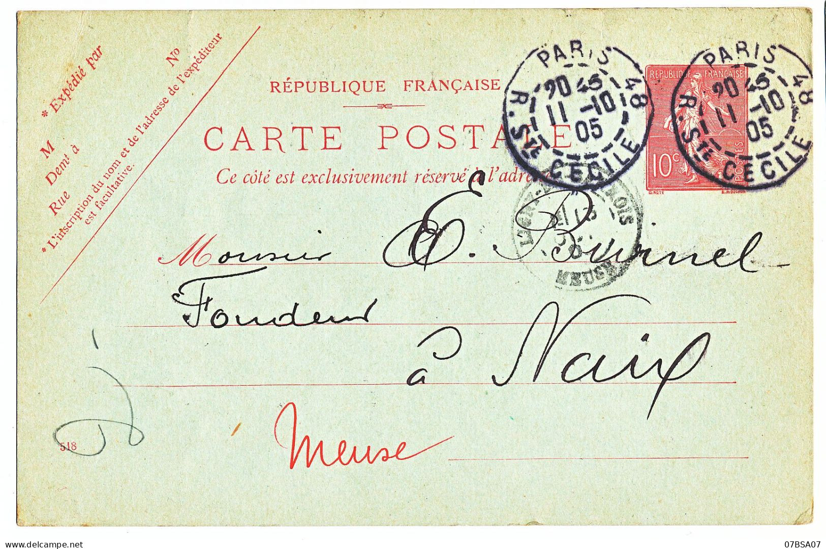 PARIS CP ENTIER POSTAL 10C SEMEUSE LIGNEE REPIQUE 1905 REPIQUAGE ET. METALLURGIQUES A. DURENNE - 1903-60 Semeuse Lignée