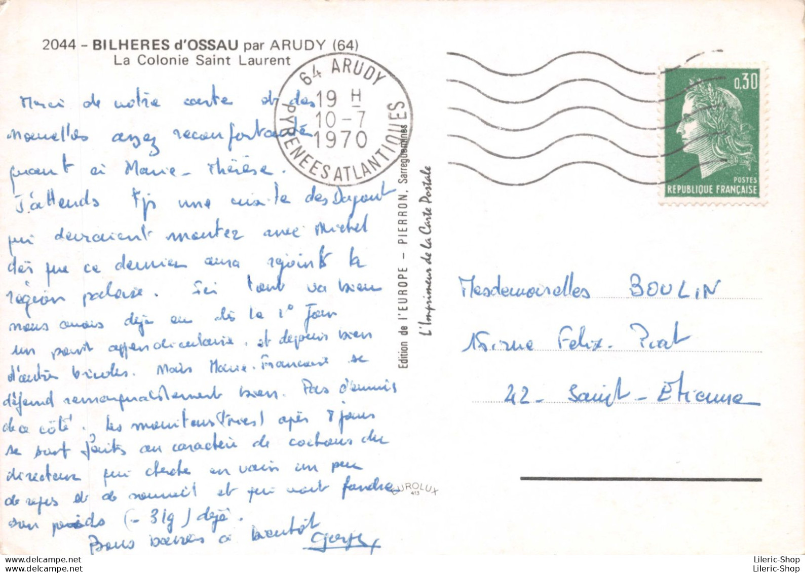 BILHERES D'OSSAU Par ARUDY (64) La Colonie Saint Laurent Cpsm GF 1970 - Sartene