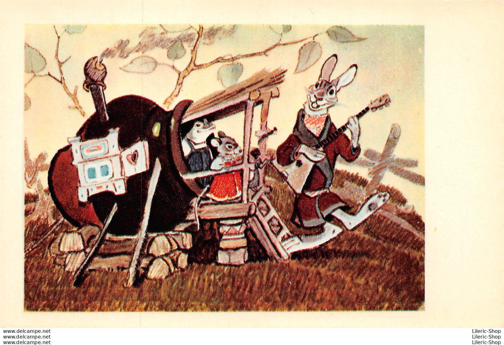 Anthropomorphism Vintage USSR Russian Fary Postcard 1969  Hare With Balalaika Mouse Frog  Animal Painter E. Rachev - Vertellingen, Fabels & Legenden