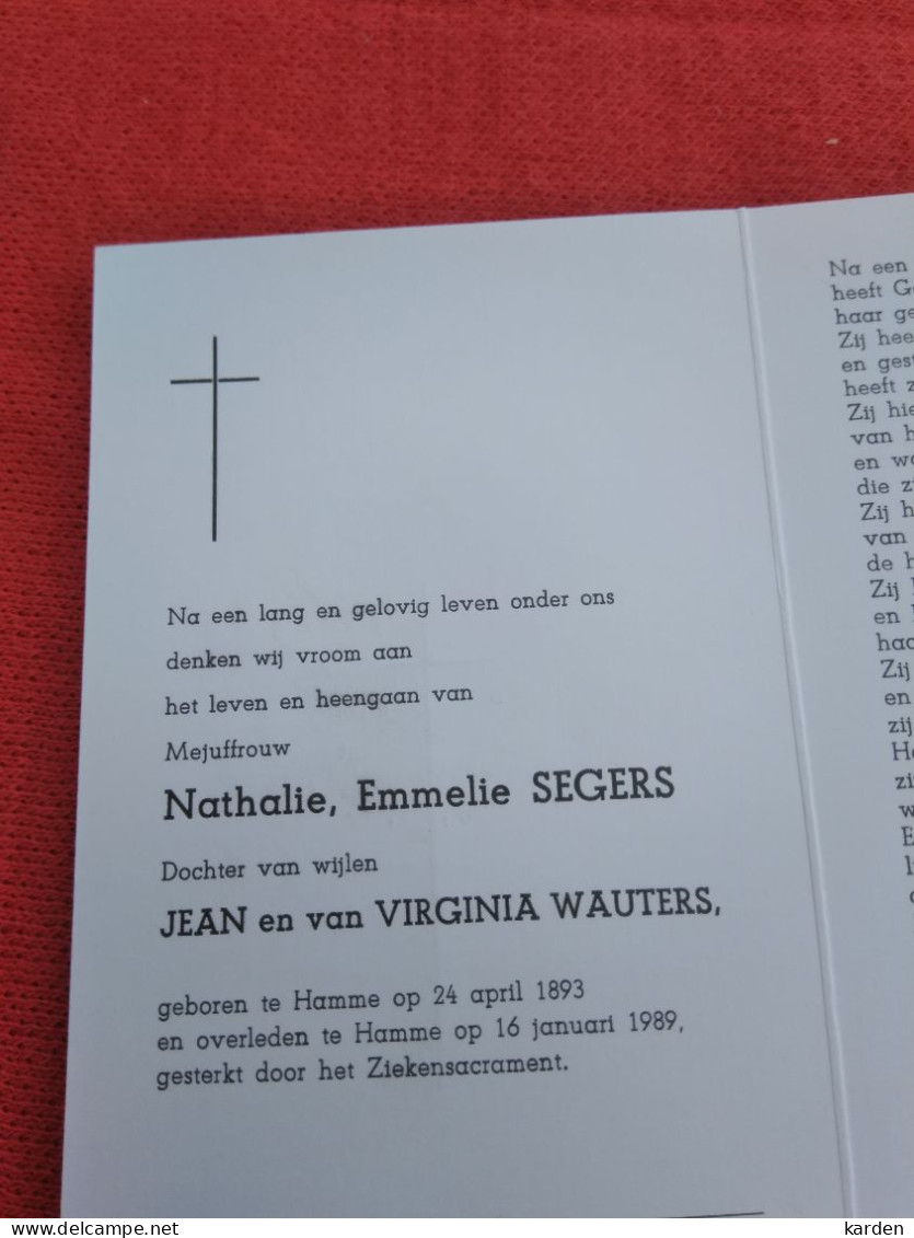 Doodsprentje Nathalie Emmelie Segers / Hamme 24/4/1893 - 16/1/1989 ( D.v. Jean Segers En Virginia Wauters ) - Religion & Esotérisme