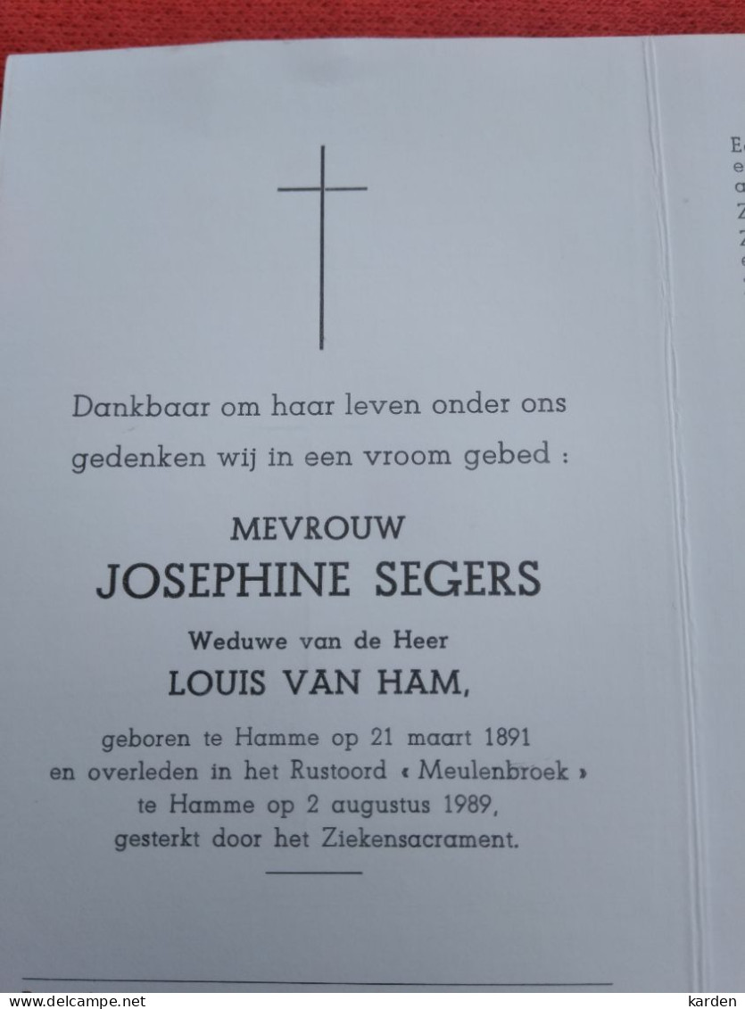 Doodsprentje Josephine Segers / Hamme 21/3/1891 - 2/8/1989 ( Louis Van Ham ) - Religion & Esotérisme