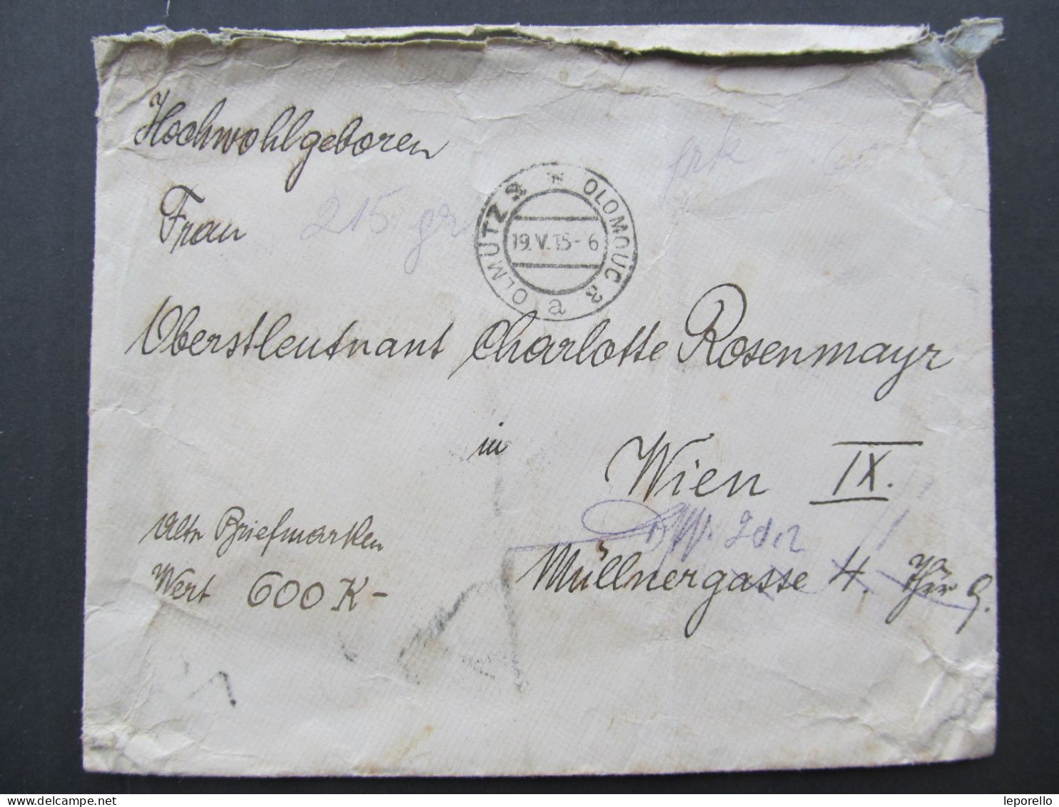 BRIEF Olomouc - Wien 1915 Wertbrief 60H EF / P9938 - Briefe U. Dokumente