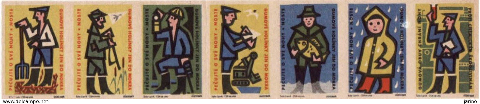 Czech Republic, 7 X Matchbox Labels, Foot Care With Appropriate Footwear, A Halfling, Fisherman, Gardener, Coal Miner - Matchbox Labels