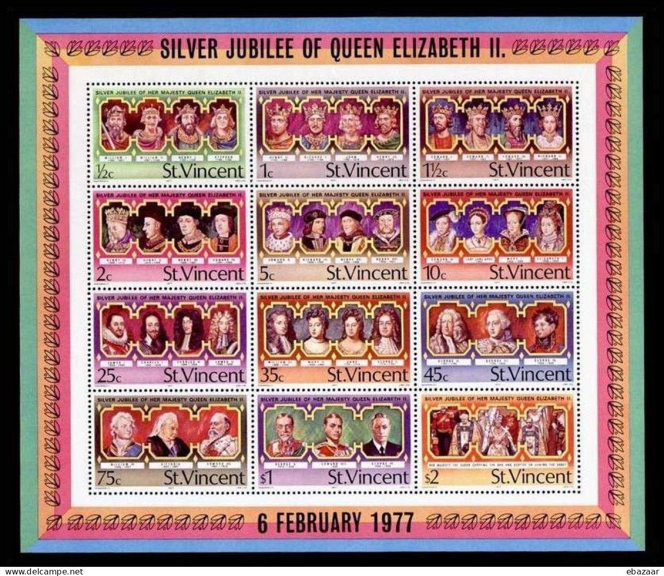 St. Vincent 1977 Royalty, Kings & Queens Of England, Queen Elizabeth II, Silver Jubilee Stamps Sheet MNH - St.Vincent (...-1979)