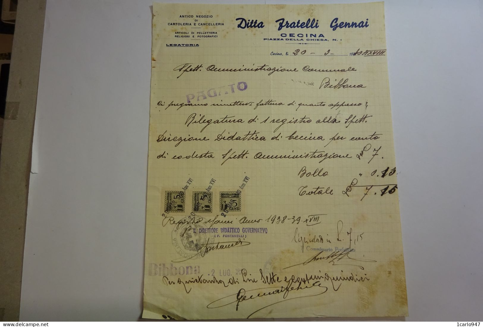 CECINA   ---  LIVORNO  --- DITTA FRATELLI GENNAI -- CARTOLERIA E CANCELLERIA - Italië