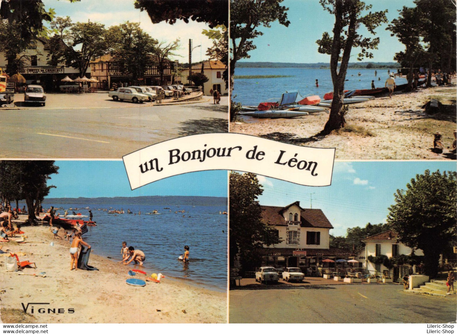 Un Bonjour De Léon (Landes) Multivues - Hôtel Du Commerce - Hôtel Du Pignon - 404, R10, 403 Cpsm  GF Dos Vierge - Autres & Non Classés
