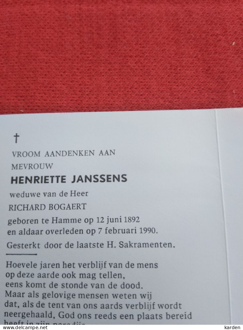 Doodsprentje Henriette Janssens / Hamme 12/6/1892 - 7/2/1990 ( Richard Bogaert ) - Religion & Esotérisme