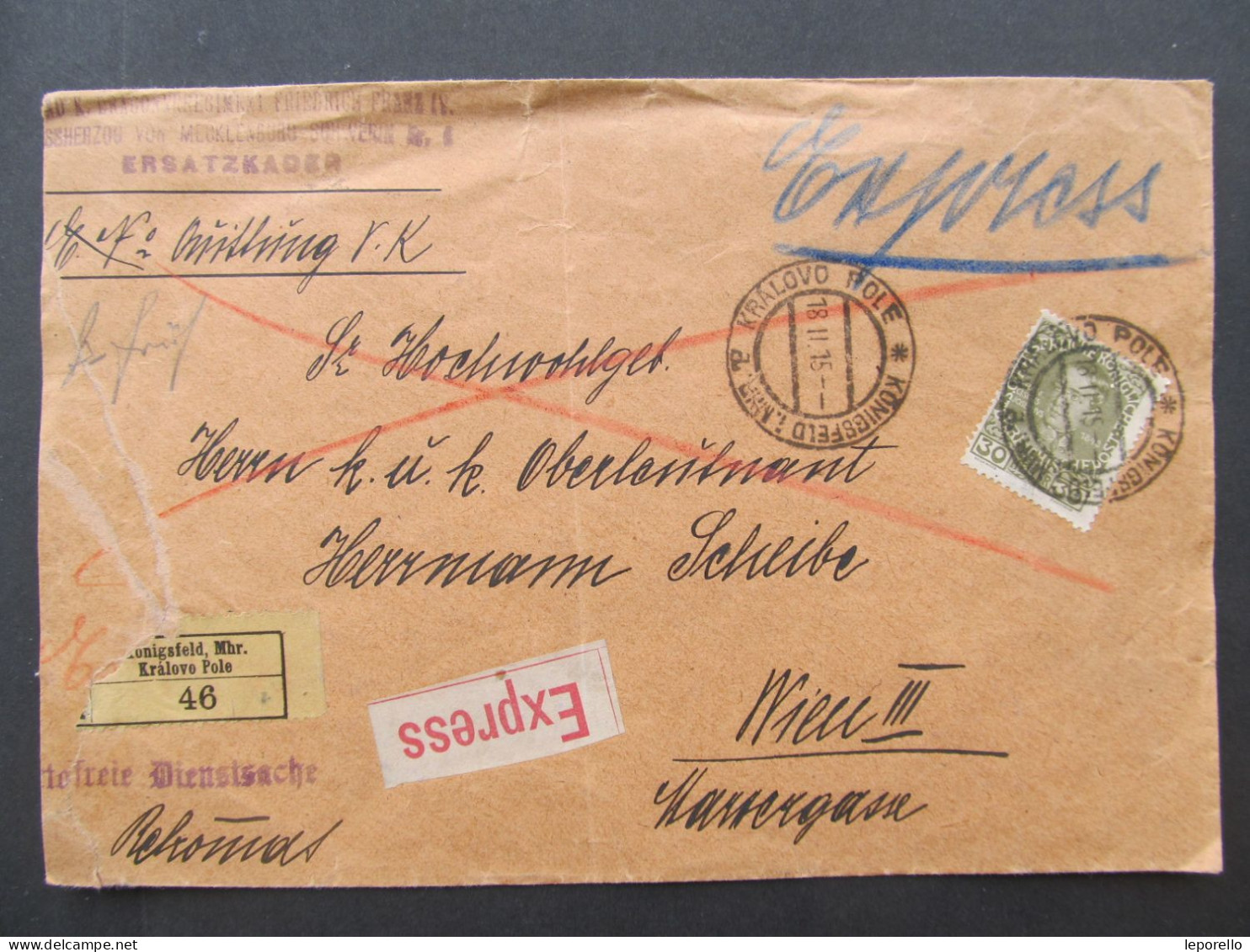 BRIEF Brno Královo Pole - Wien R, Ex 1915 Portofreie Dienstsache  / P9940 - Lettres & Documents