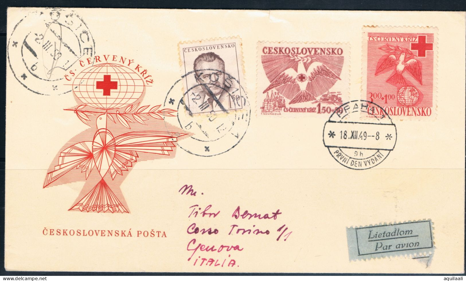 Czechcoslavia 1950. Raccomandata Posta Aerea Da Kosic A Genova, Con Serie Croce Rossa. - Lettres & Documents
