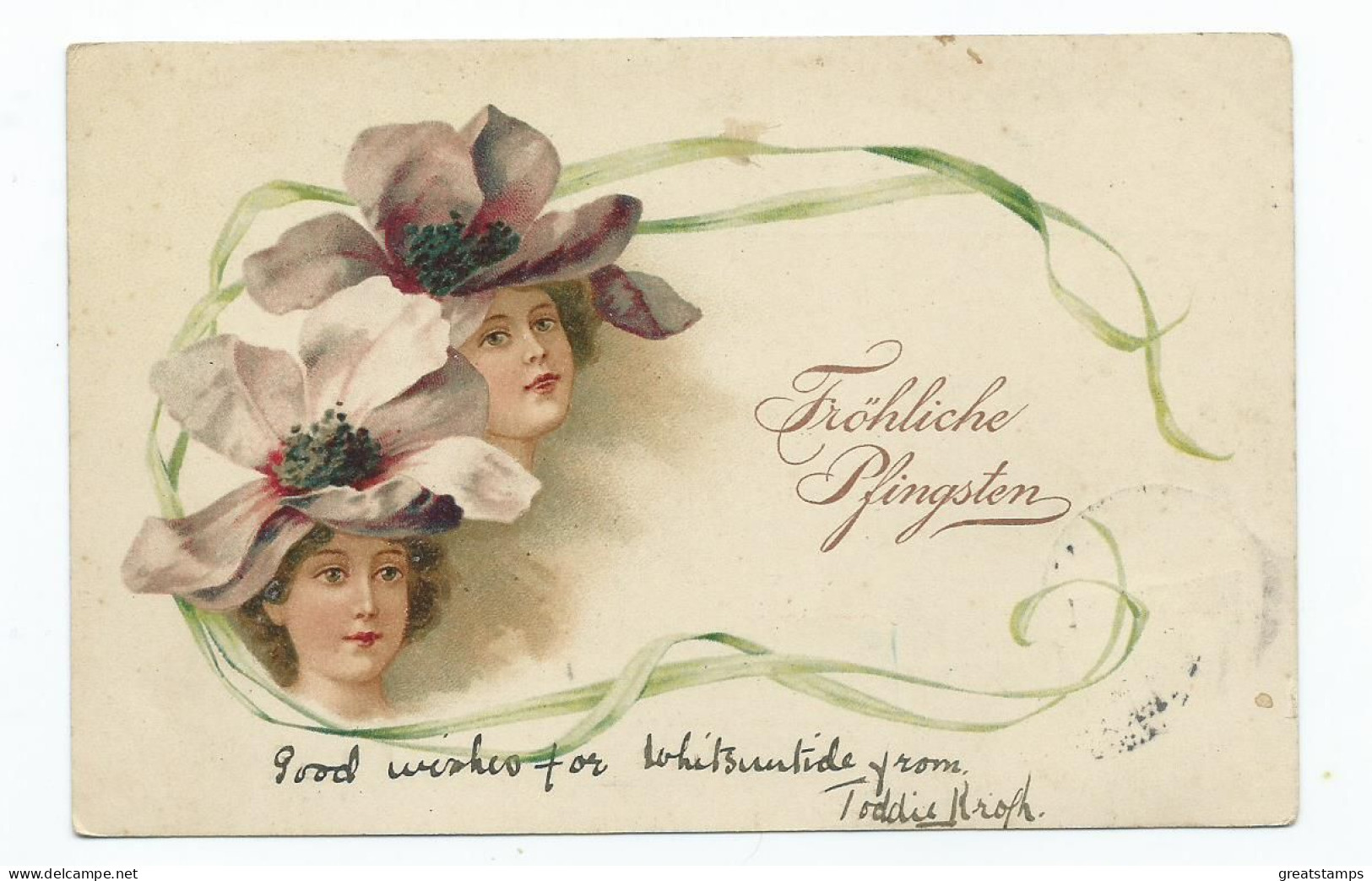 Postcard German Lithograph Posted 1902 Happy Pentacost Frohliche Plingsten  Nice Postmarks - Pentecôte