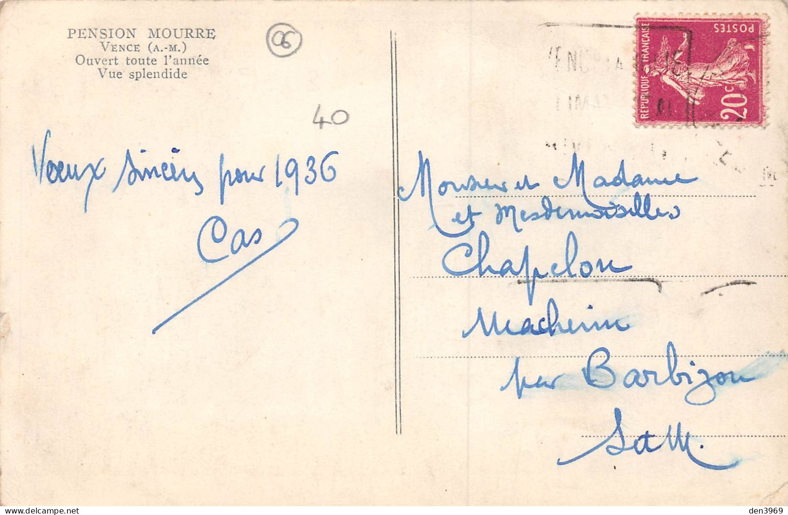 VENCE (Alpes-Maritimes) - Pension Mourre - Voyagé 1936 (2 Scans) - Vence