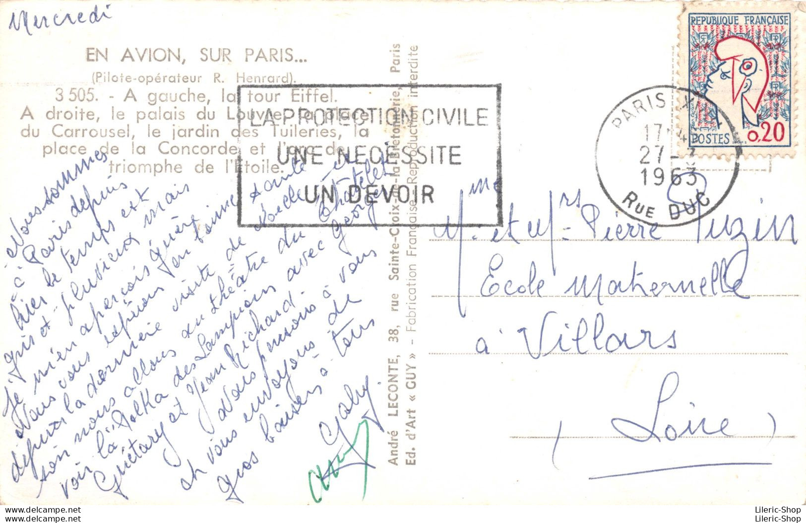 EN AVION, SUR PARIS... (Pilote Opérateur R. Henrard). Tour Eiffel Et Palais Du Louvre Cpsm PF 1963 - Panoramic Views