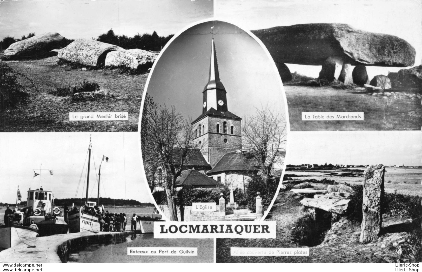 LOCMARIAQUER (56) Le Grand Menhir Brisé La Table Des Marchands  Bateaux Au Port De Guilvin L'église Cpsm PF 1954 - Locmariaquer