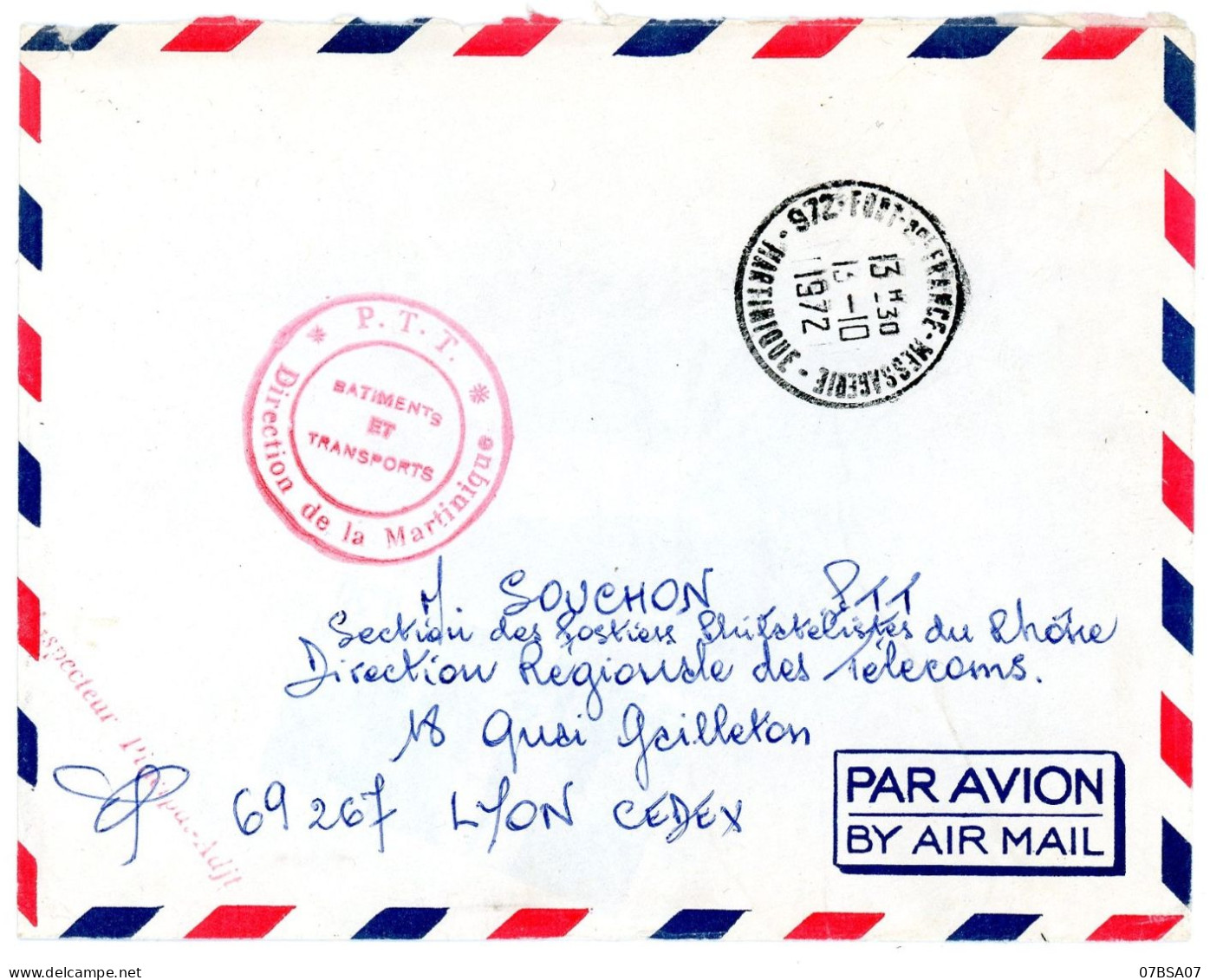 MARTINIQUE LETTRE FRANCHISE AVION 1972  FORT DE FRANCE MESSAGERIE MARTINIQUE + CONTRESEING DIRECT PTT MARTINIQUE - 1961-....