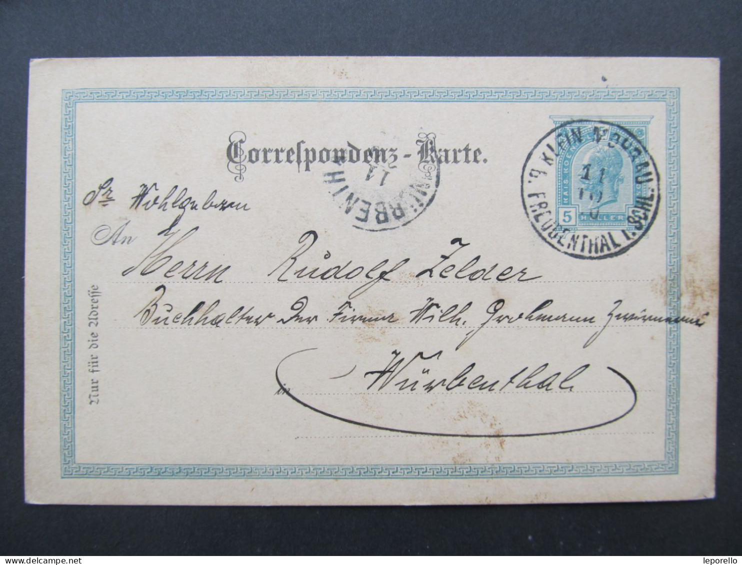 GANZSACHE Klein Mohrau Freudenthal Malá Morávka Bruntál - Würbenthal 1900  / P9968 - Lettres & Documents