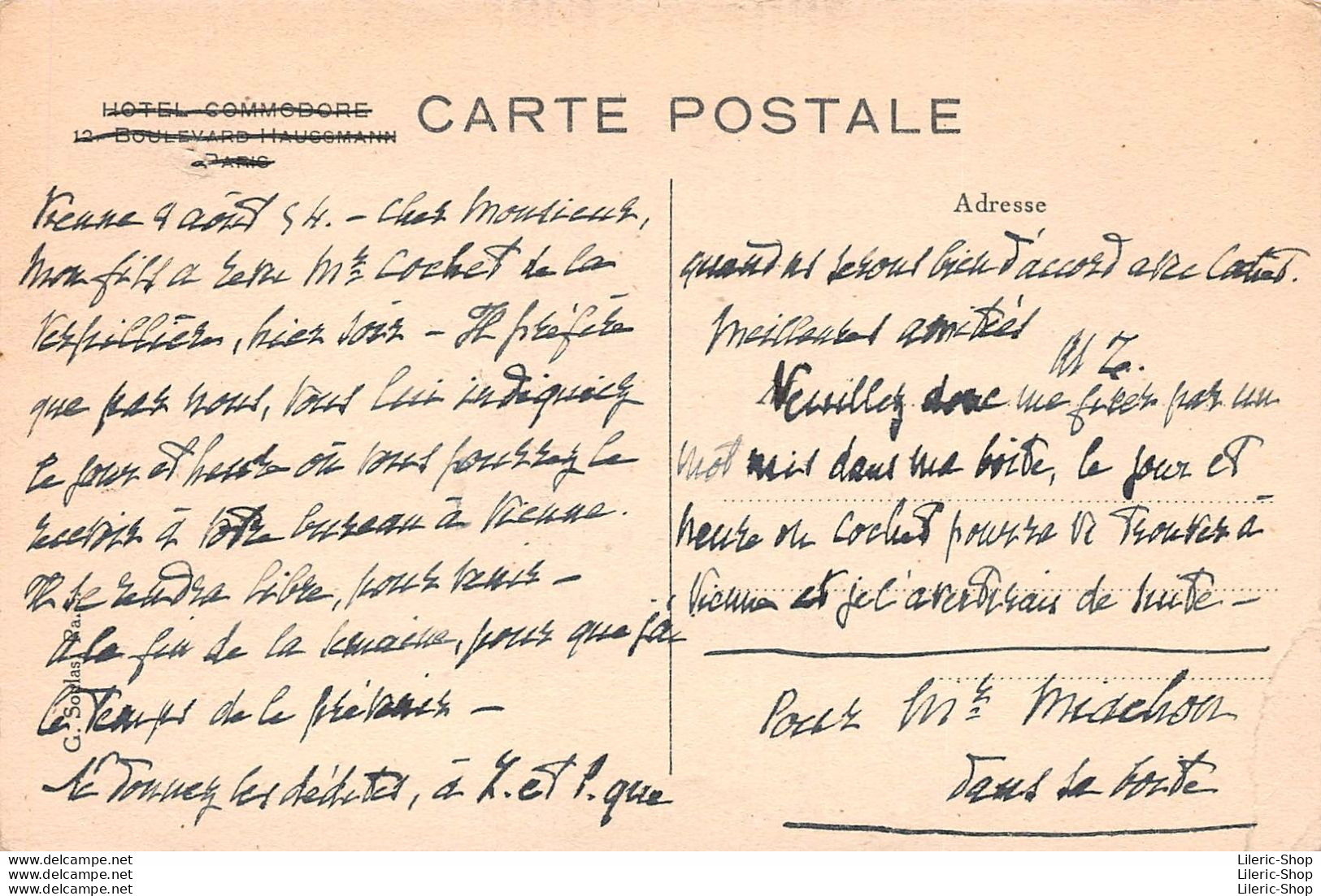 [75] HOTEL COMMODORE, 12, Boul. Haussmann, PARIS VIII ème - Cafés, Hotels, Restaurants