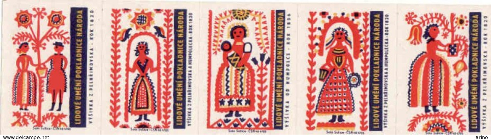 Czech Republic, 5 X Matchbox Labels, Folk Art - Embroideries From Pelhrimov, Humpolec, Year 1820 - Boites D'allumettes - Etiquettes