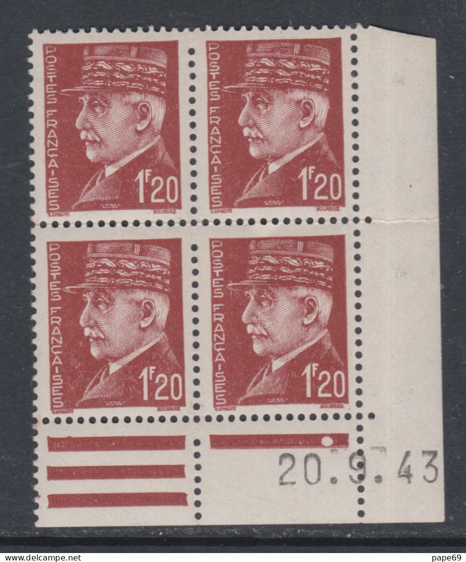 France N° 515 XX : Type Mal Pétain : 1 F. 20 Brun En Bloc De 4 Coin Daté Du 20 . 9 . 43 ; 1 Point Blanc ; Sans Ch., TB - 1940-1949