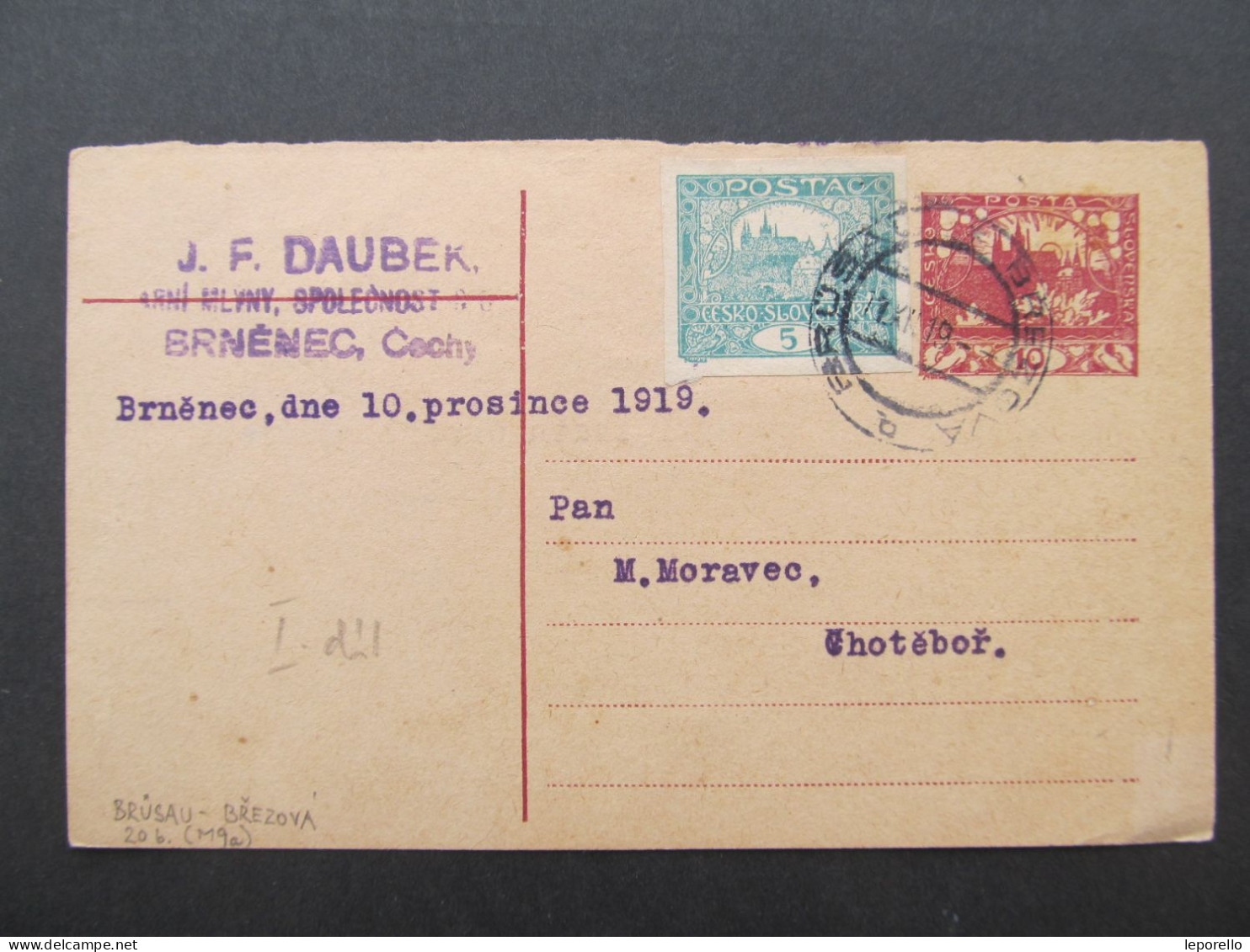 GANZSACHE  Brněnec Brüsau - Chotěboř 1919 J.F.Daubek Hradčany  /// P9978 - Covers & Documents