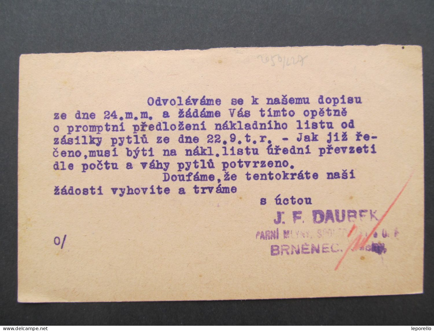 GANZSACHE  Brněnec Brüsau - Chotěboř 1919 J.F.Daubek Hradčany  /// P9978 - Brieven En Documenten