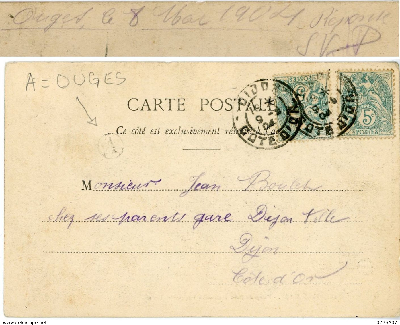 BOITE RURALE COTE D'OR 1904 DIJON T84 + BOITE RURALE A = OUGES - 1877-1920: Semi Modern Period