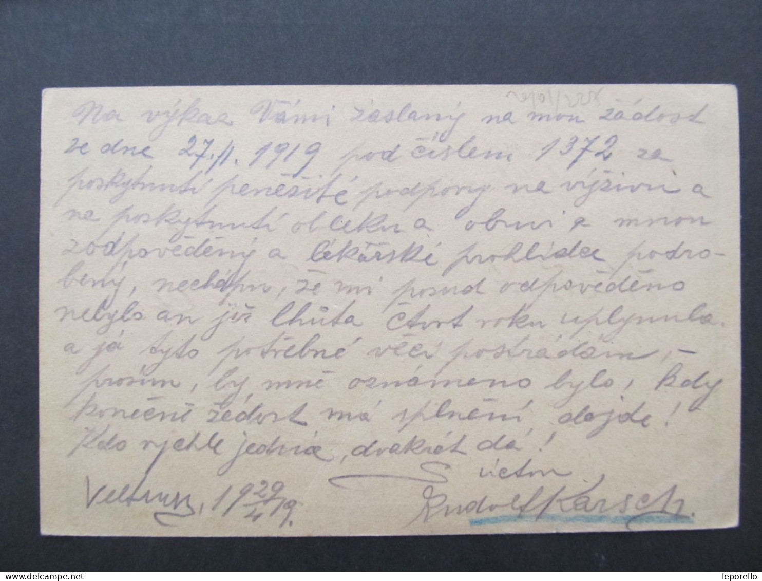 GANZSACHE Veltrusy - Praha MISCHFRANKATUR 1919 Rud. Karsch  /// P9980 - Lettres & Documents