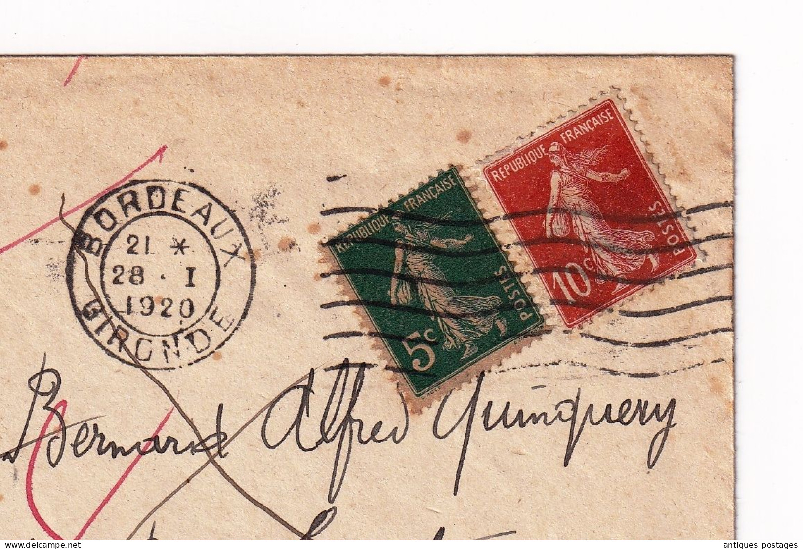 Lettre 1920 Bordeaux Gironde Gaussel Notaire Retour à L'Envoyeur Décédé Alfred Quinquery Timbres Semeuse - 1906-38 Säerin, Untergrund Glatt